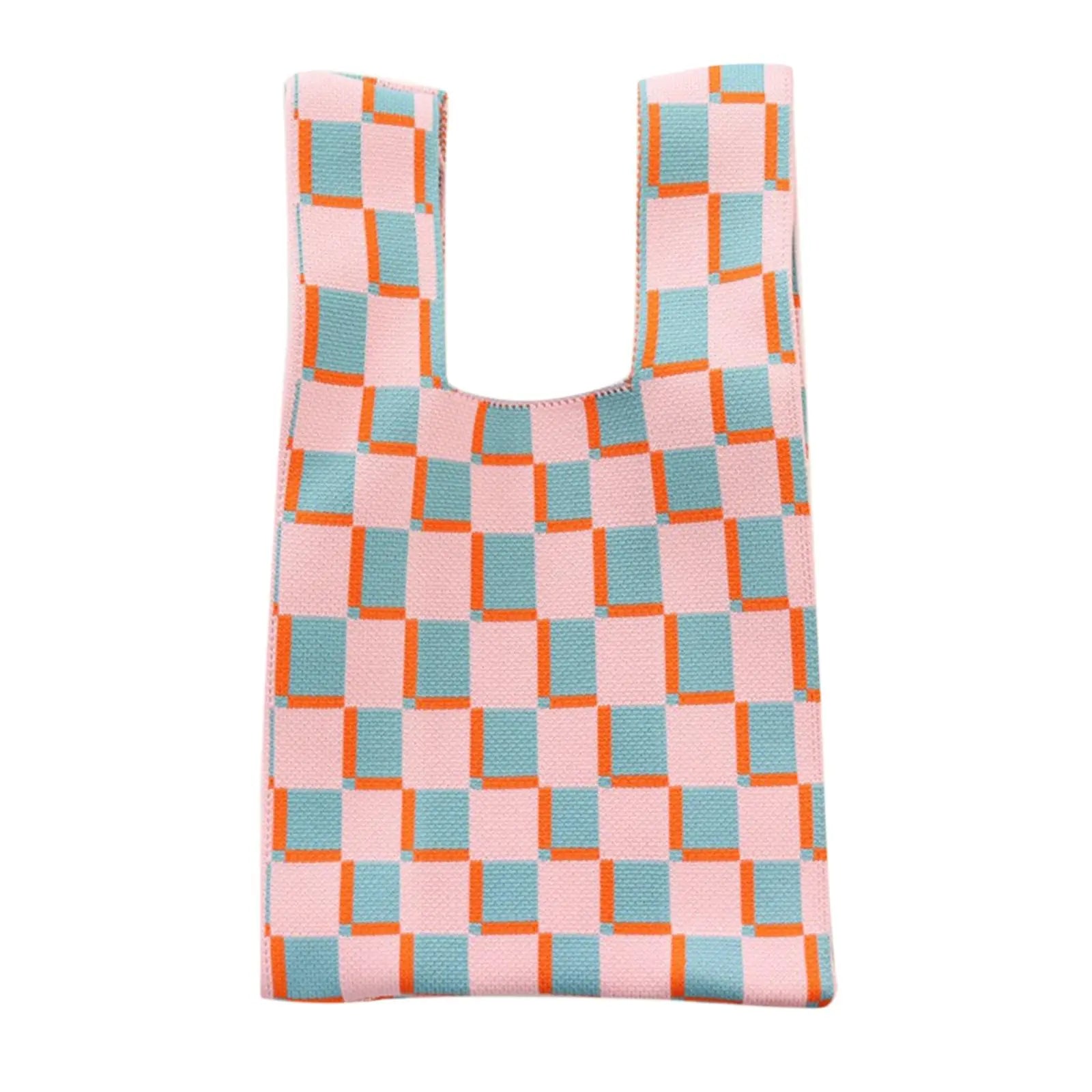 Checkerboard Women Handbag Tote Large Capacity Soft Woven Casual Pouch