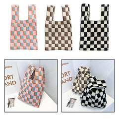 Checkerboard Women Handbag Tote Large Capacity Soft Woven Casual Pouch