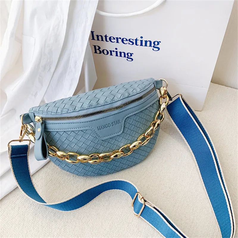 Knitted PU Leather Waist Bags for Women Weaving Fanny Pack Thick Chain Female Wa