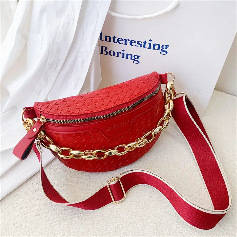 Knitted PU Leather Waist Bags for Women Weaving Fanny Pack Thick Chain Female Wa