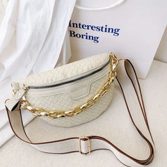 Knitted PU Leather Waist Bags for Women Weaving Fanny Pack Thick Chain Female Wa