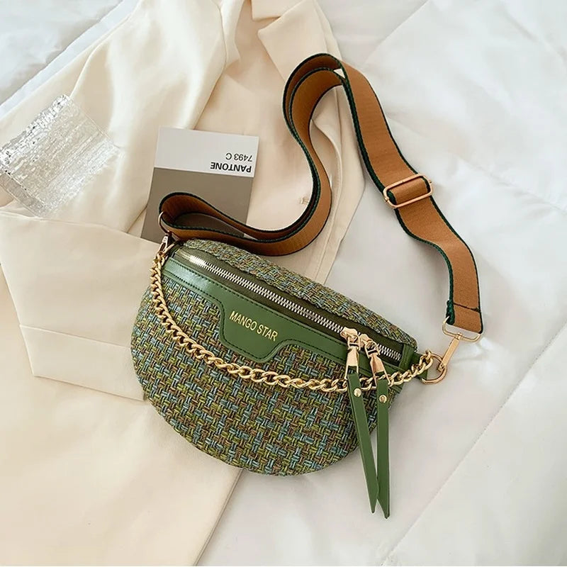 Weaving Fanny Packs Female Waist Bags Wide Strap Crossbody Chest Bags for Women