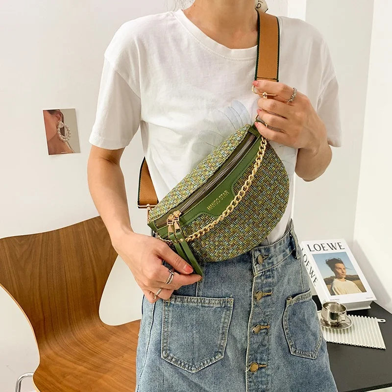 Trendy Knitted Waist Pack for Women - Wide Strap Crossbody Chest Bag