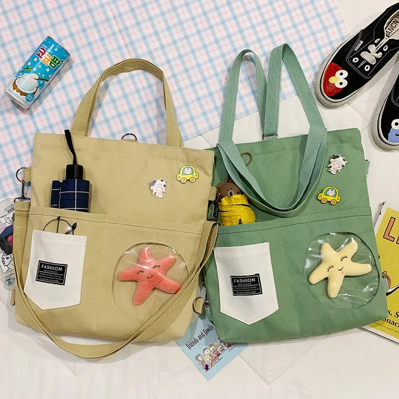 Korea Japan Women Backpack Canvas Bag Female Transparent Belt Starfish