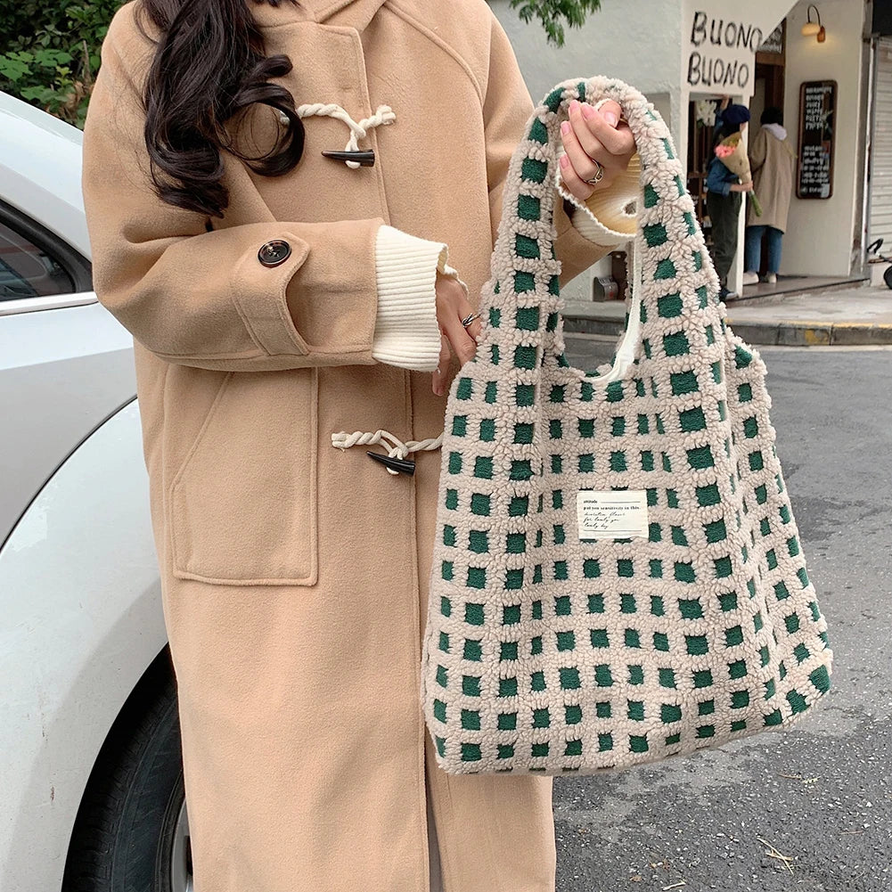 Korea Style Plush Shoulder Handbag Fluffy Tote Faux Lamb Wool Shopping Bag