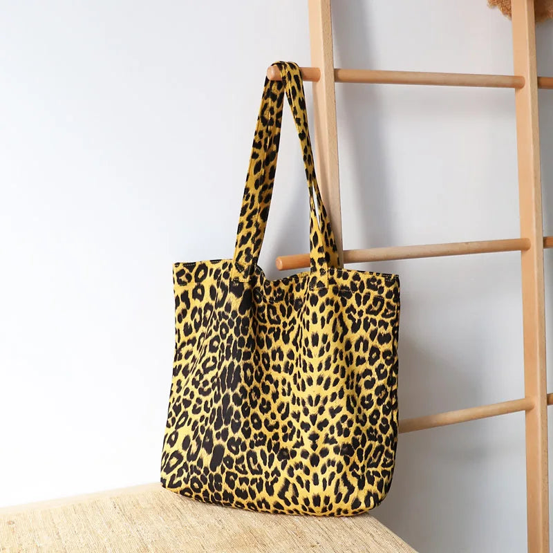 Leopard Print Canvas Shoulder Bag Vintage Tote Handbag for Women