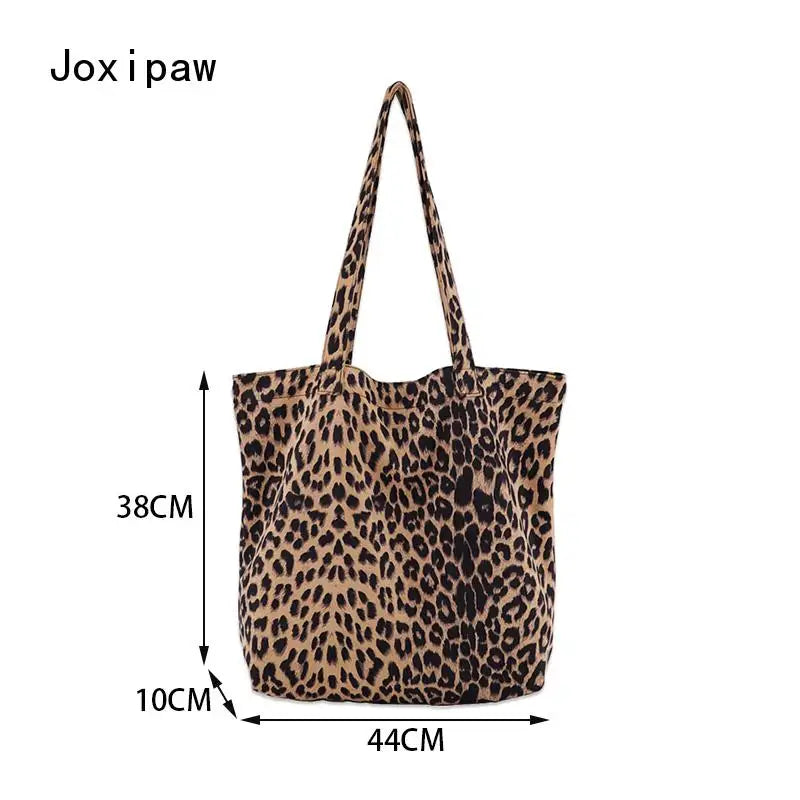 Leopard Print Canvas Shoulder Bag Vintage Tote Handbag for Women