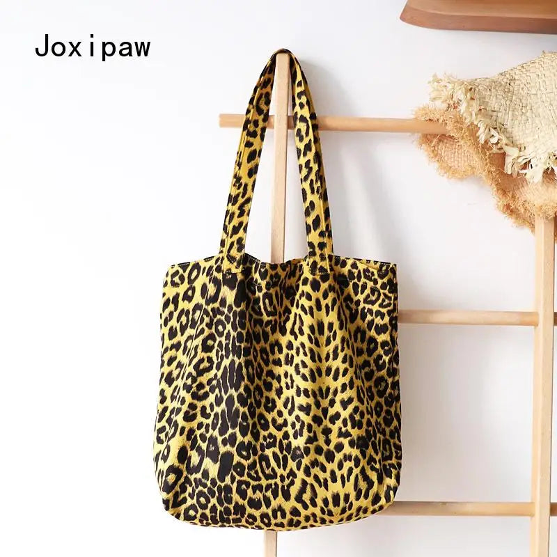 Leopard Print Canvas Shoulder Bag Vintage Tote Handbag for Women