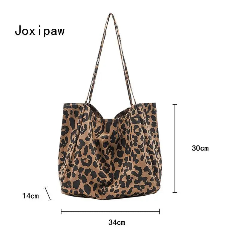 Leopard Print Canvas Shoulder Bag for Women Vintage Handbags Female Tote Bags