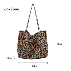 Leopard Print Canvas Shoulder Bag for Women Vintage Handbags Female Tote Bags