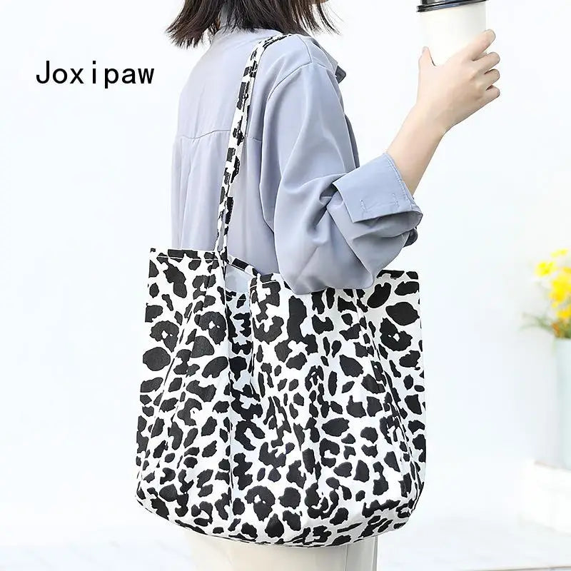 Leopard Print Canvas Shoulder Bag for Women Vintage Handbags Female Tote Bags