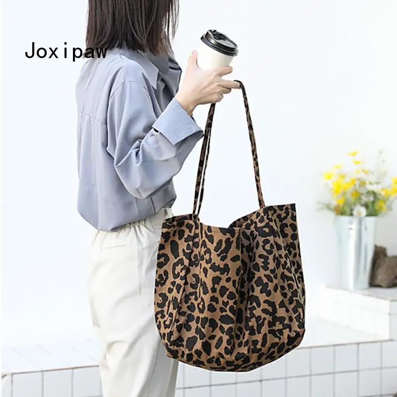 Leopard Print Canvas Shoulder Bag for Women Vintage Handbags Female Tote Bags