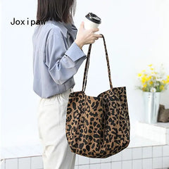 Leopard Print Canvas Shoulder Bag for Women Vintage Handbags Female Tote Bags