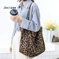 Leopard Print Canvas Shoulder Bag for Women Vintage Handbags Female Tote Bags