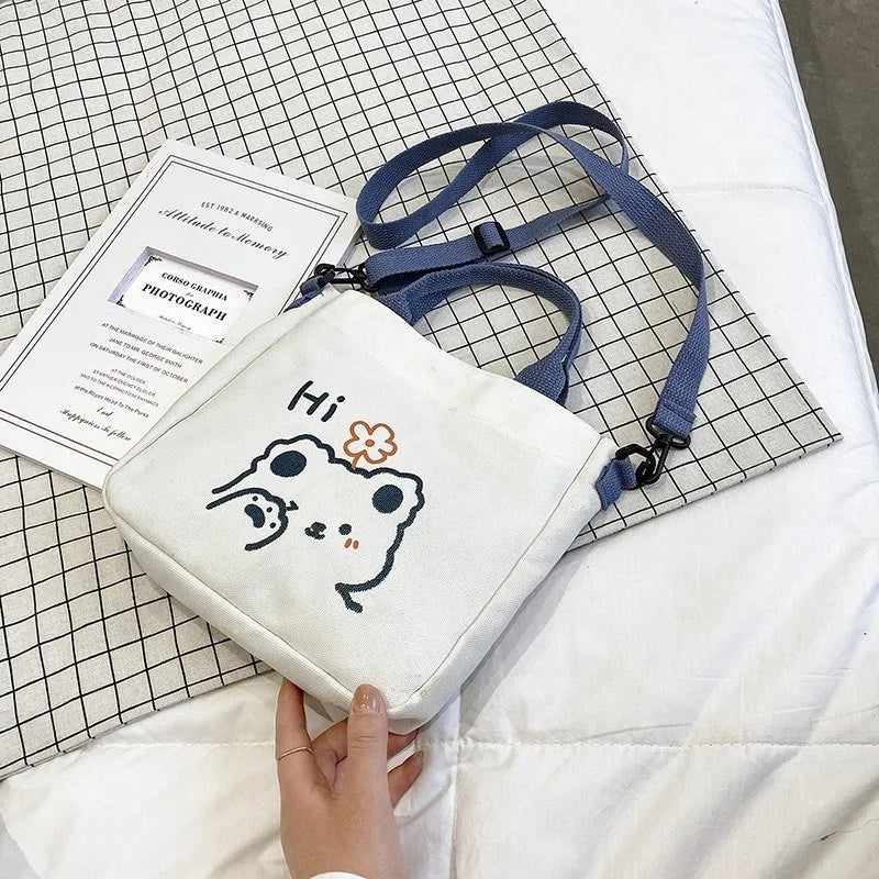 Bear Canvas Shoulder Bag Female Tote Handbag High Capacity Student Diagonal Pack