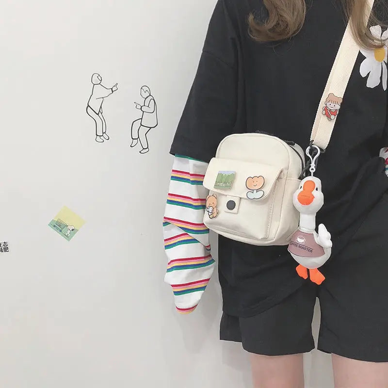 Youth Girls Canvas Crossbody Bag Harajuku Cartoon Shoulder Bag