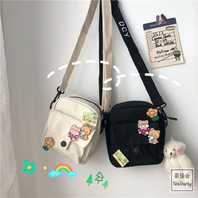 Youth Girls Canvas Crossbody Bag Harajuku Cartoon Shoulder Bag
