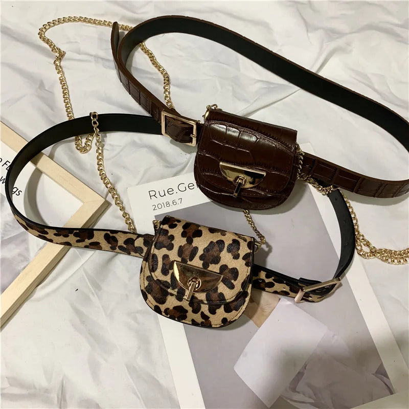Leopard Print Mini Fanny Pack Chain Messenger Bag