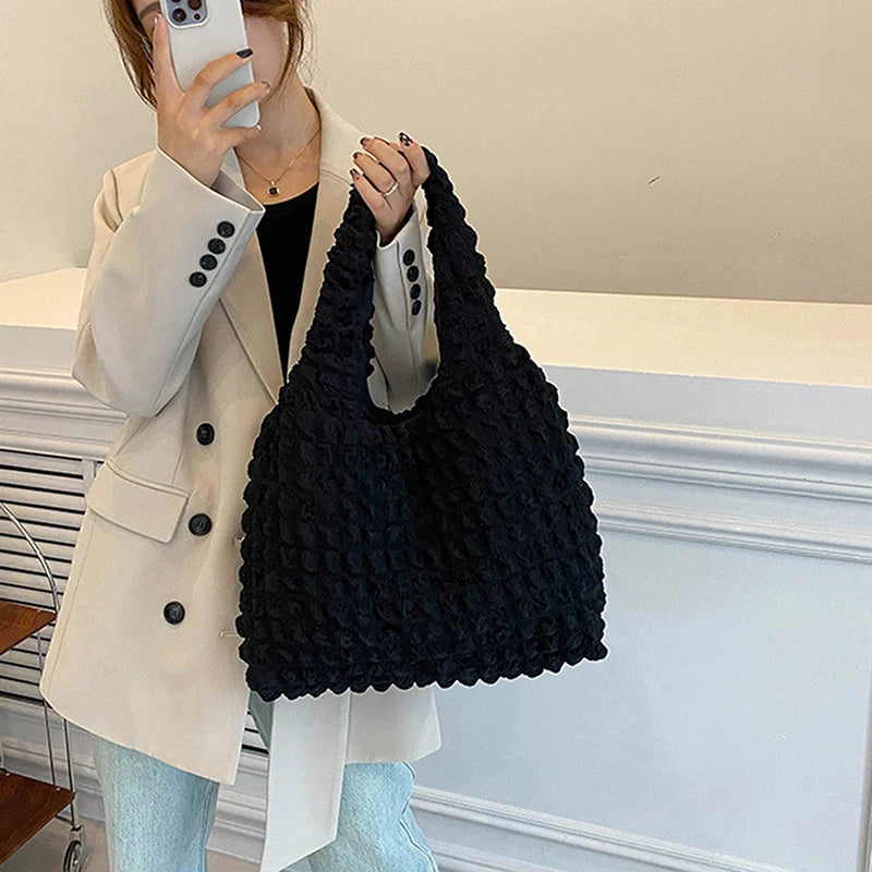 Cloud Bubble Flower Shoulder Bag for Girls Soft Plaid Grocery Handbags