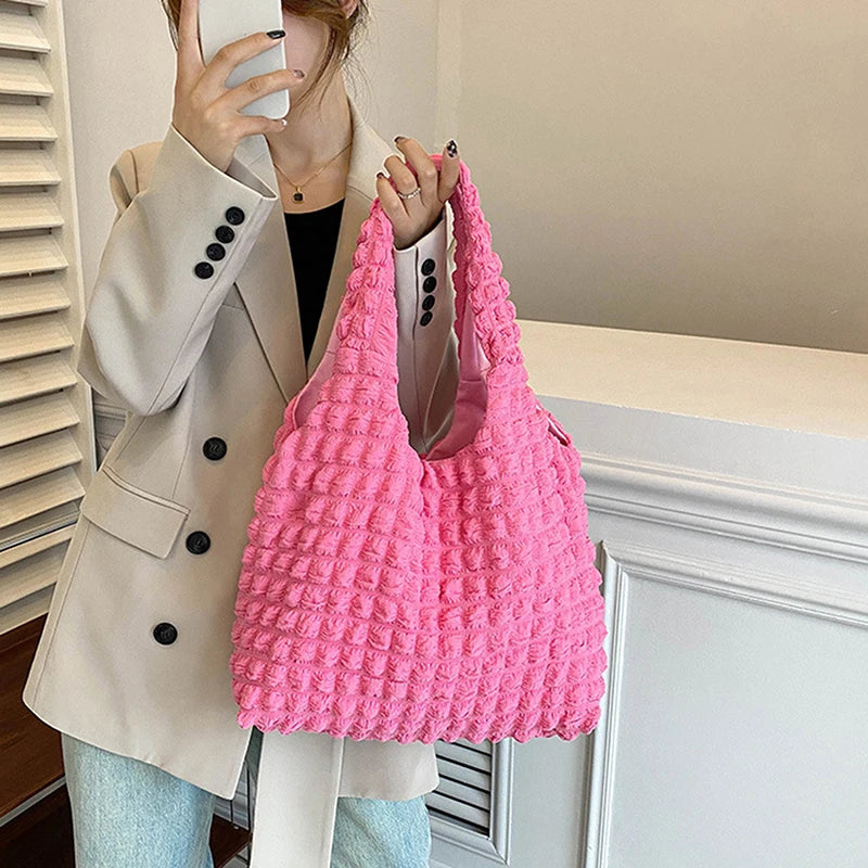 Cloud Bubble Flower Shoulder Bag for Girls Soft Plaid Grocery Handbags