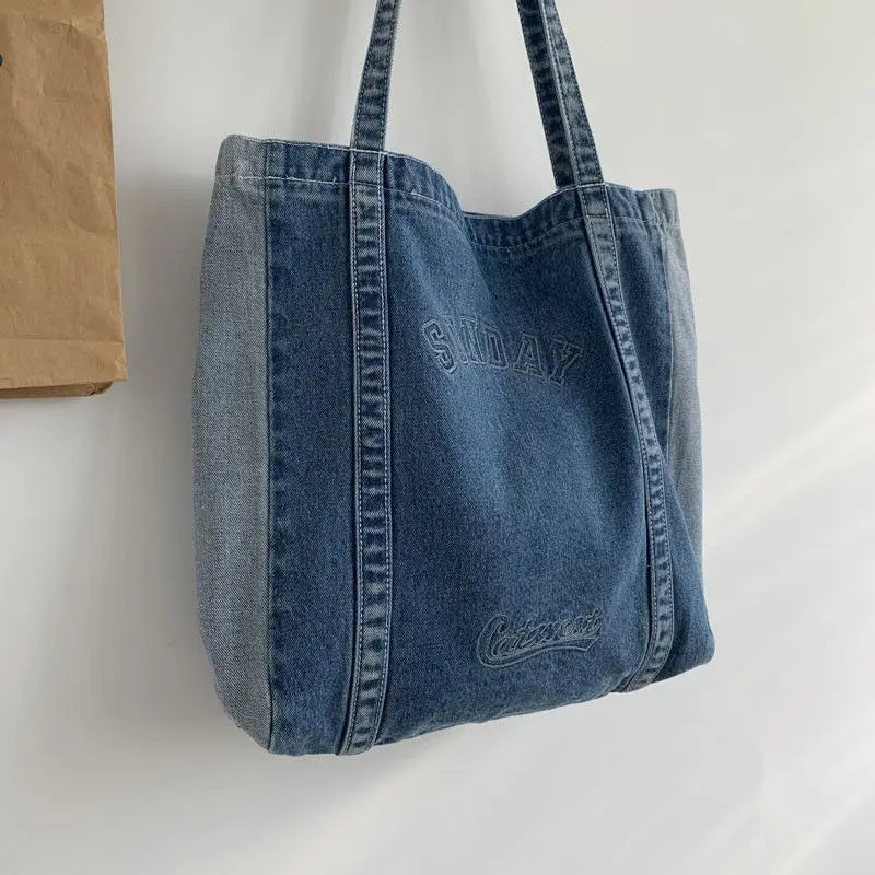 Harajuku Big Denim Shoulder Bag Women Tote Bag Letter Embroidery Jeans Bag