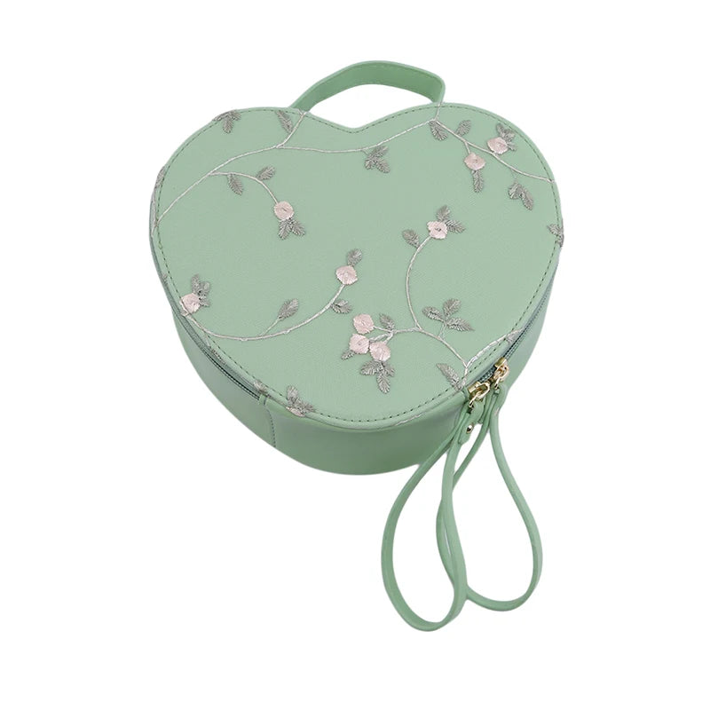 Heart Shaped Retro Handbag Flowers Shoulder Bag Embroidered PU Leather
