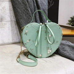 Heart Shaped Retro Handbag Flowers Shoulder Bag Embroidered PU Leather