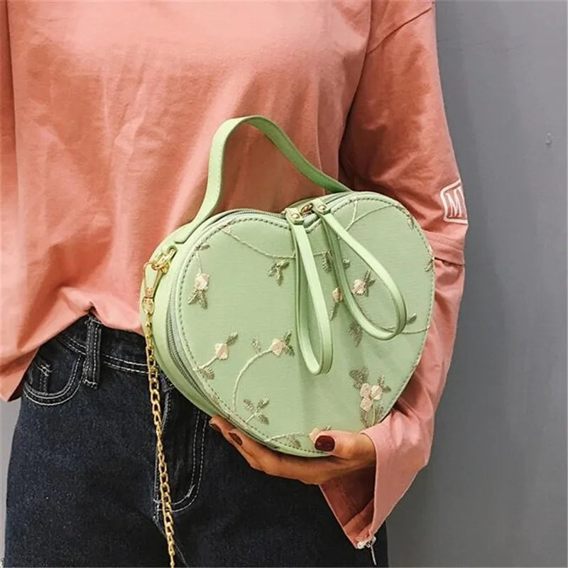 Heart Shaped Retro Handbag Flowers Shoulder Bag Embroidered PU Leather