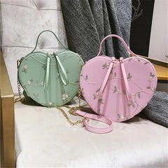Heart Shaped Retro Handbag Flowers Shoulder Bag Embroidered PU Leather