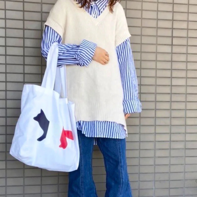 Fox Print Canvas Tote Bag Women Shoulder Handbag Large Shopping Bag