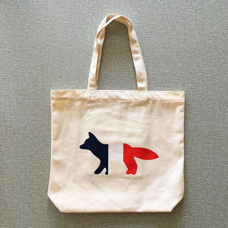 Fox Print Canvas Tote Bag Women Shoulder Handbag Large Shopping Bag