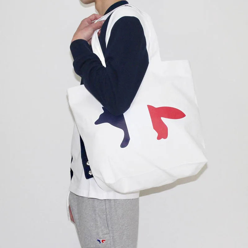Fox Print Canvas Tote Bag Women Shoulder Handbag Large Shopping Bag