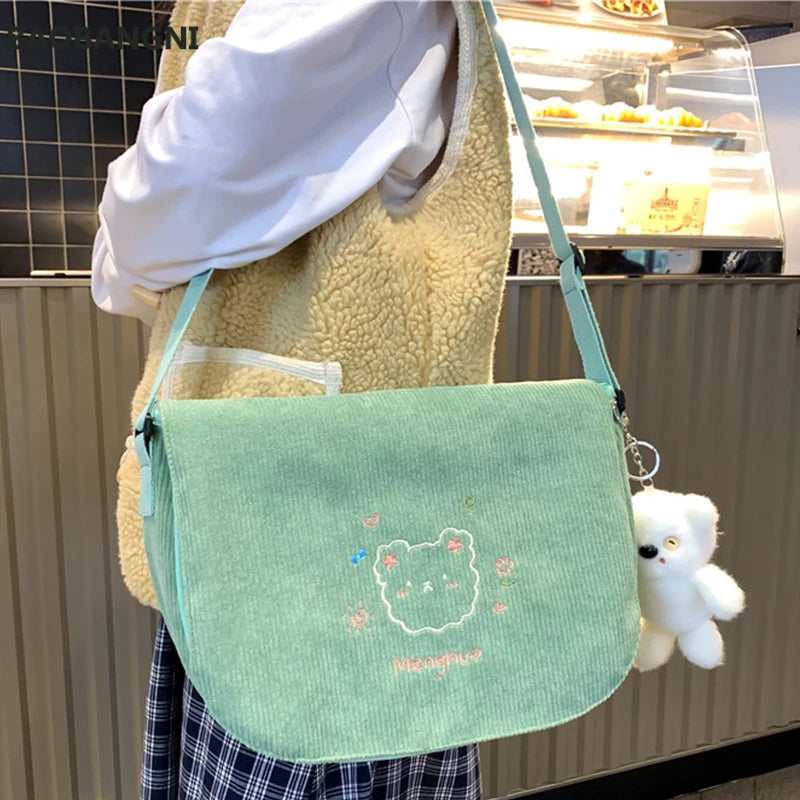 Japanese Corduroy Shoulder Bag Waterproof Student Schoolbag
