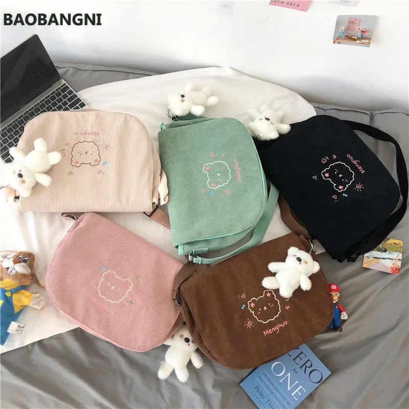 Japanese Corduroy Shoulder Bag Waterproof Student Schoolbag