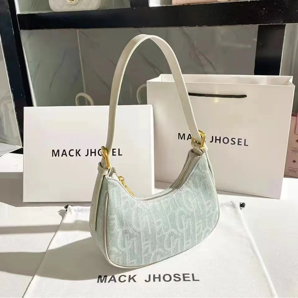 Lady Denim Underarm Bag Leather Handle Monogram Shoulder Bag