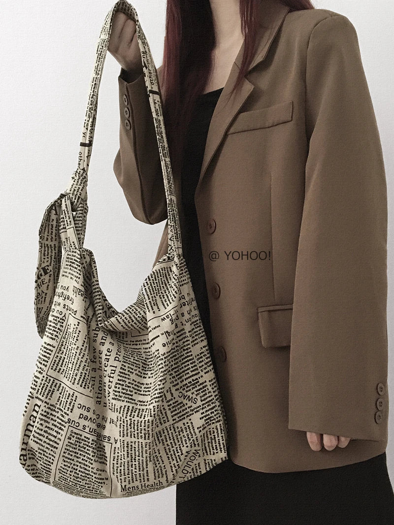 Vintage Newspaper Print Canvas Tote Bag for Women
