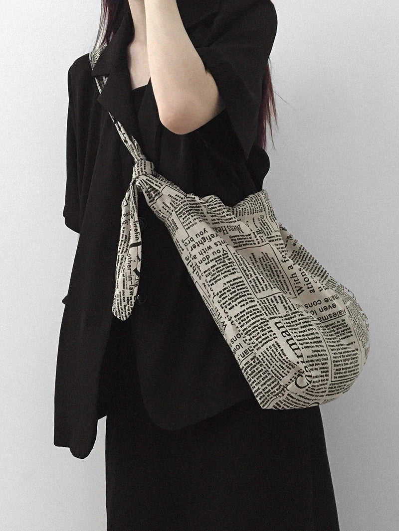 Vintage Newspaper Print Canvas Tote Bag for Women