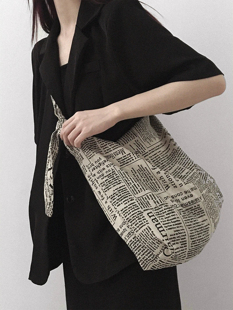 Vintage Newspaper Print Canvas Tote Bag for Women