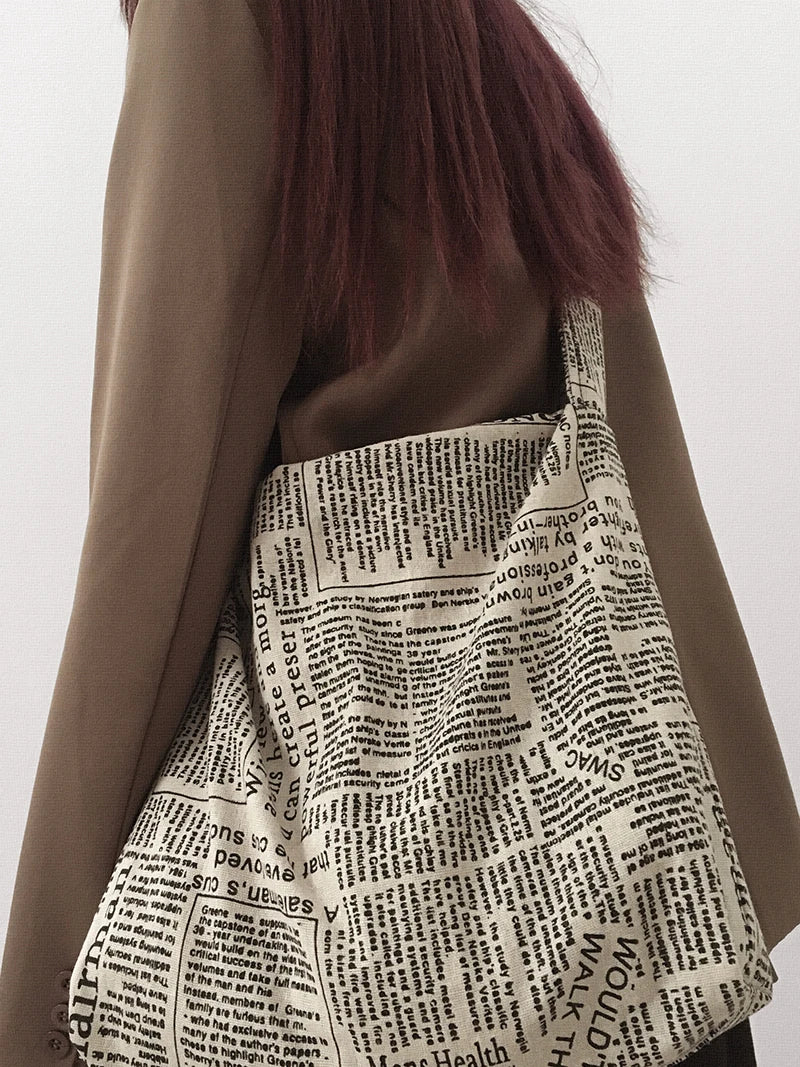 Vintage Newspaper Print Canvas Tote Bag for Women