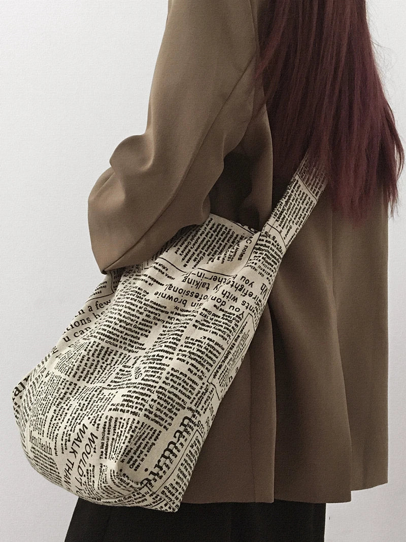 Vintage Newspaper Print Canvas Tote Bag for Women