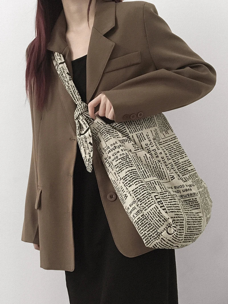 Vintage Newspaper Print Canvas Tote Bag for Women