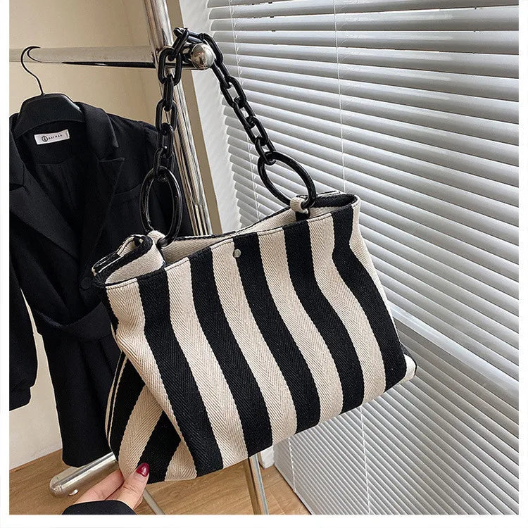 Stripes Women Handbag Large Capacity Thick Chain Shoulder Bags Canvas Big Totes