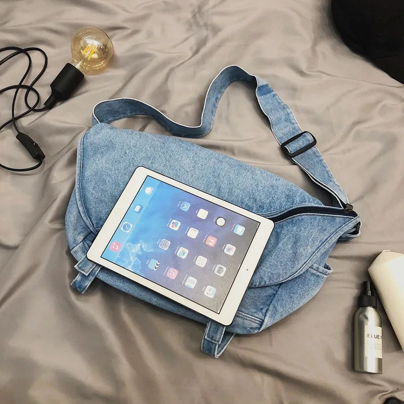 Women's Retro Washed Denim Bag Large Capacity Shoulder Messenger