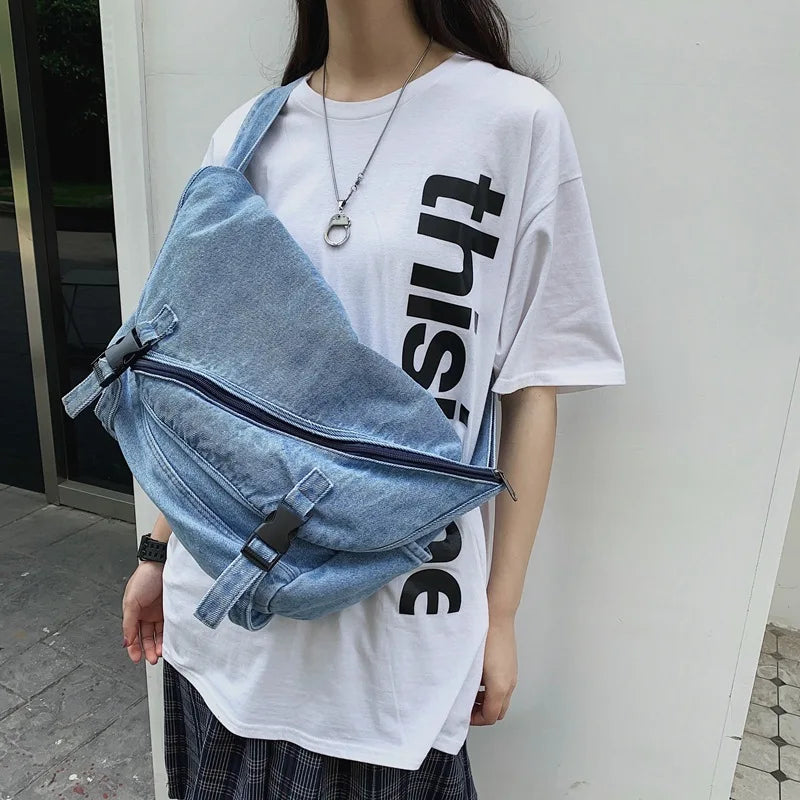 Women's Retro Washed Denim Bag Large Capacity Shoulder Messenger