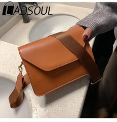 LADSOUL Small Square Bag Wide Shoulder Strap PU Leather Casual Solid