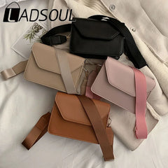 LADSOUL Small Square Bag Wide Shoulder Strap PU Leather Casual Solid