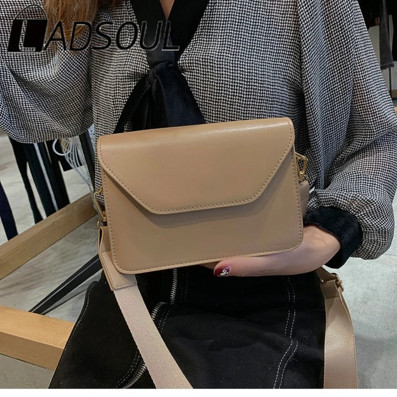 LADSOUL Small Square Bag Wide Shoulder Strap PU Leather Casual Solid