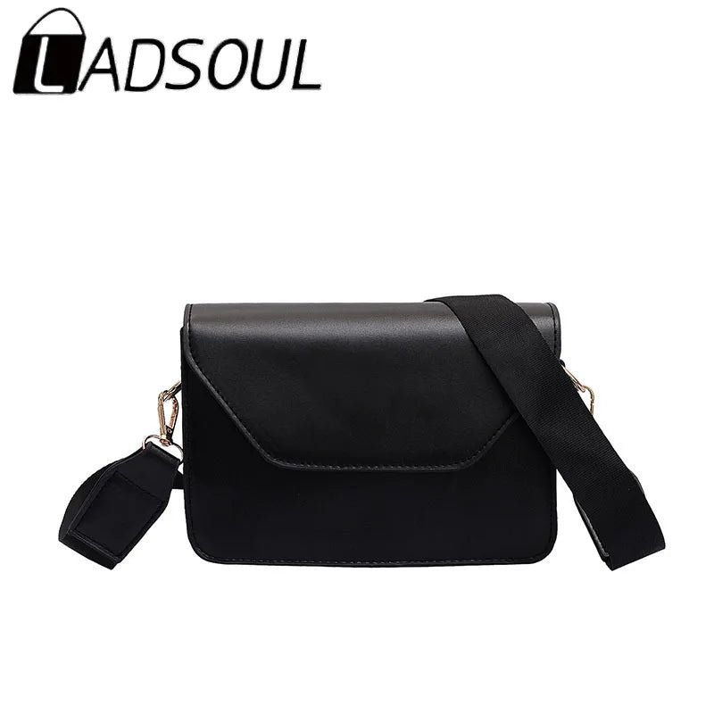 LADSOUL Small Square Bag Wide Shoulder Strap PU Leather Casual Solid