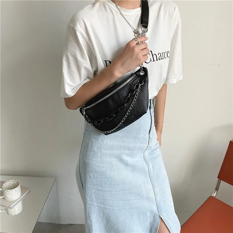Women's Cartoon Embossed Leather Waist Bag Mini Crossbody Handbag Fanny Pack