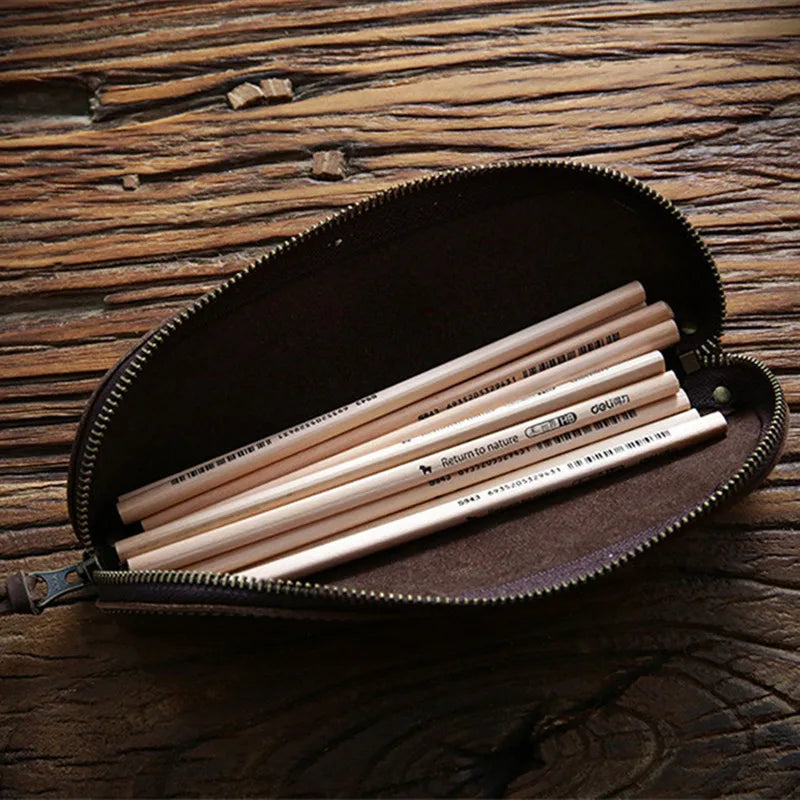 Vintage Crazy Horse Leather Pencil Bag Zipper Pen Case